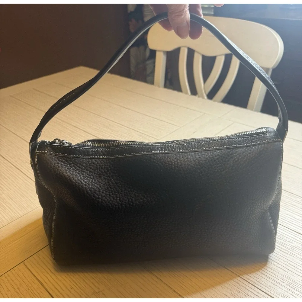 Cole Haan Black Pebble Leather Shoulder Bag‎ W/ Contrast Stitching, Zip Close.